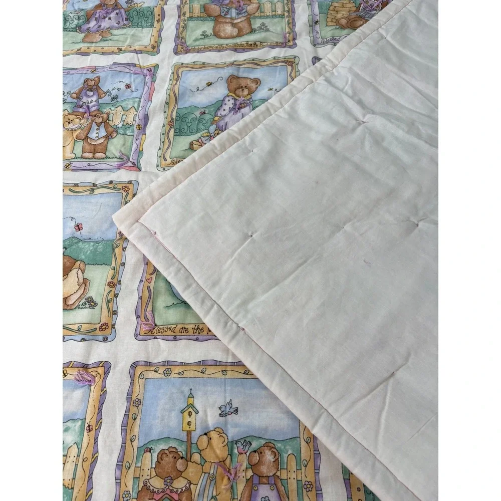 Vtg Teddy Bear Bearitudes Quilt Blanket Pastel Cottagecore Religious 42x58.5